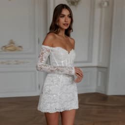 Customize Off Shoulder Sparkly Lace Mini Wedding Dress Sweetheart Lace Up Back A Line Bridal Gown For Intimate Wedding Gathering