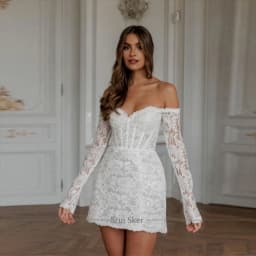 Customize Off Shoulder Sparkly Lace Mini Wedding Dress Sweetheart Lace Up Back A Line Bridal Gown For Intimate Wedding Gathering