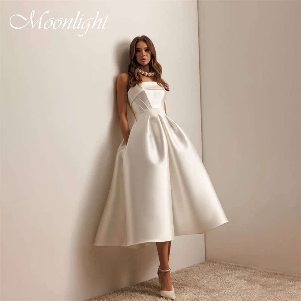 Simple Pleat Strapless A-Line Wedding Dress Women 2026 Sleeveless Backless Mid- Calf Bridal Gown Vestidos De Novia Customized