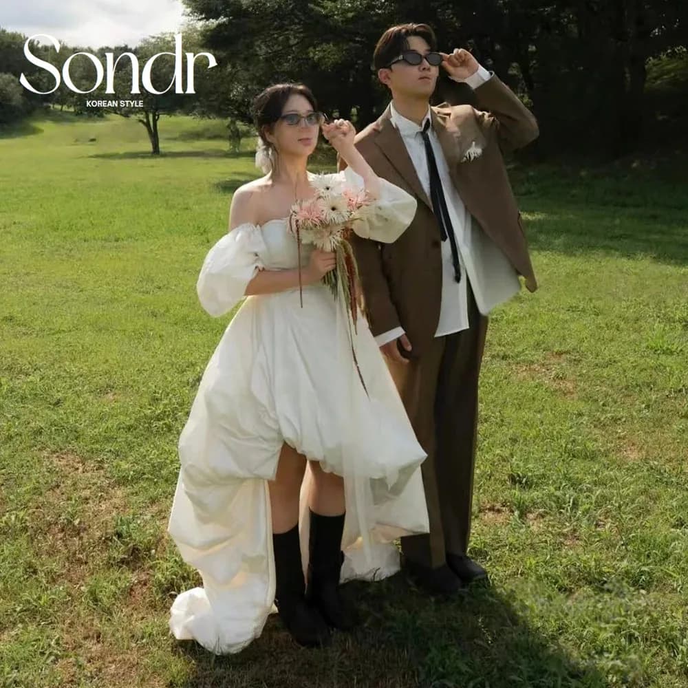 Sondr Elegant High Low Wedding Party Dress Off Shoulder Puff Sleeves Ivory Korean Photo Shoot Bridal Reception Gown Customized