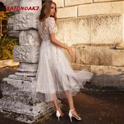 Customized Elegant Sexy Boho Lace Short Wedding Dress for Bride A-Line O-Neck Tea Length Illusion Bride Gowns Vestidos De Novia