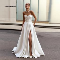Customized Elegant Side Split Strapless White Satin Wedding Dress for Bride A-Line Lace-up Pleat Bride Gown Vestidos De Novia