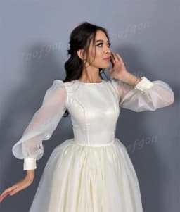 Toofgon Customized Modest Long Sleeve A Line Wedding Dresses Puff Sleeve Bride Gown Tea Length Draped Organza Bridal Party Dress