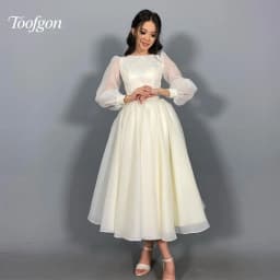 Toofgon Customized Modest Long Sleeve A Line Wedding Dresses Puff Sleeve Bride Gown Tea Length Draped Organza Bridal Party Dress