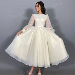 Toofgon Customized Modest Long Sleeve A Line Wedding Dresses Puff Sleeve Bride Gown Tea Length Draped Organza Bridal Party Dress