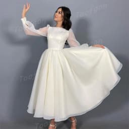 Toofgon Customized Modest Long Sleeve A Line Wedding Dresses Puff Sleeve Bride Gown Tea Length Draped Organza Bridal Party Dress