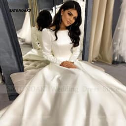 Customized Elegant Simple Satin Wedding Dress for Women O-Neck A-Line Puff Sleeves Lace-up Party Bride Gown Vestido De Novia