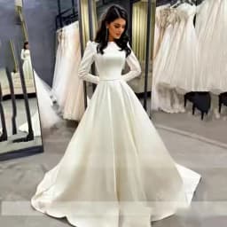 Customized Elegant Simple Satin Wedding Dress for Women O-Neck A-Line Puff Sleeves Lace-up Party Bride Gown Vestido De Novia