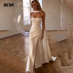 MCDV Pleat Satin Bride Gowns Strapless Mermaid Side Split Ivory Wedding Dresses 2026 Ribbons vestido de noiva civil Customized