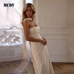 MCDV Pleat Satin Bride Gowns Strapless Mermaid Side Split Ivory Wedding Dresses 2026 Ribbons vestido de noiva civil Customized