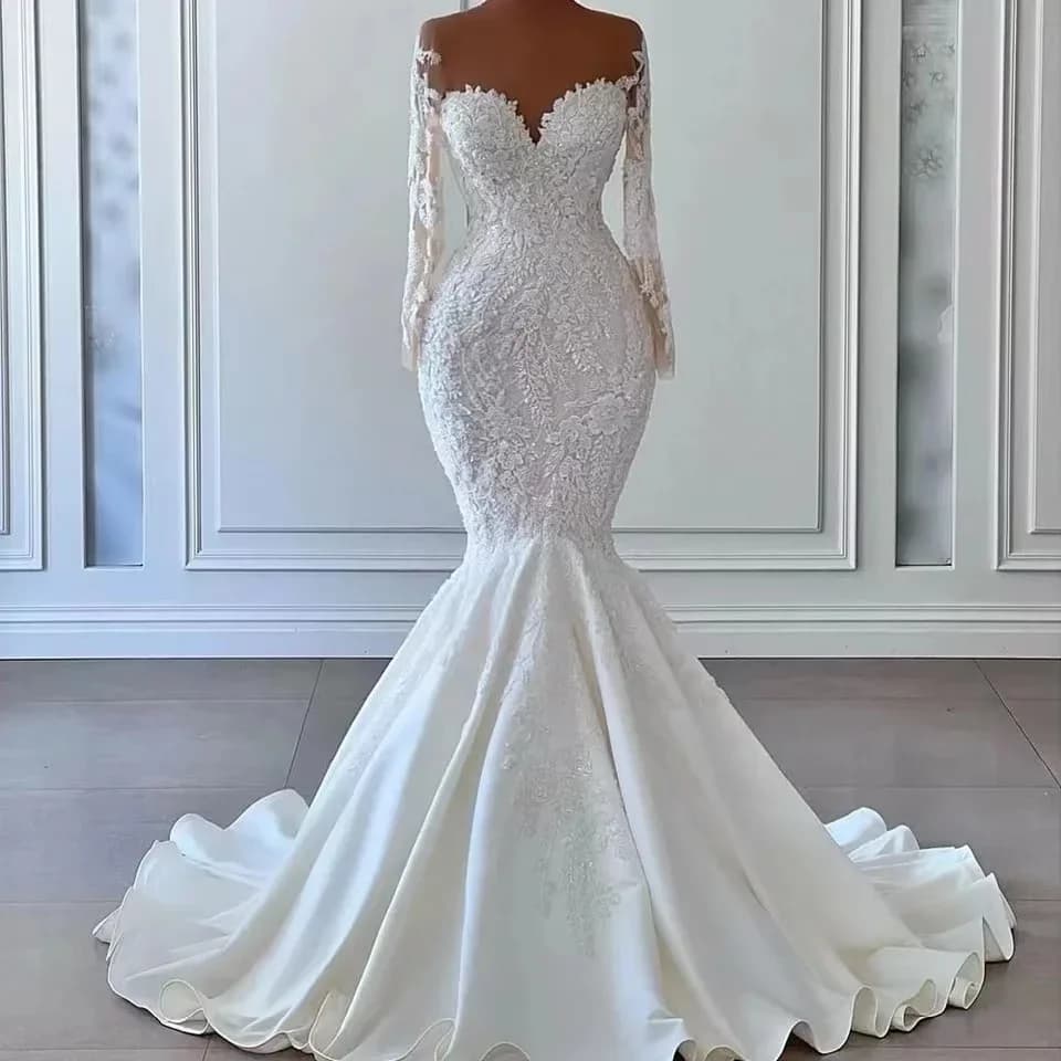 Customized Elegant Mermaid Wedding Dresses Sheer Neck Long Sleeve Lace Sequins Appliques Bridal Gowns Vestido De Noiva