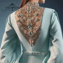 FATAPAESE Customized Engagement Dress Puff Open Sleeves and a V-shape Crystal High Neck Sheath Skirt Speicial Formal Occasion