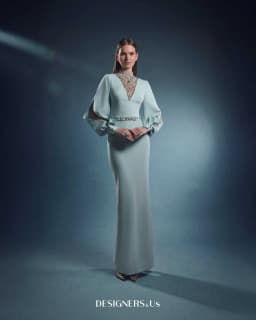 FATAPAESE Customized Engagement Dress Puff Open Sleeves and a V-shape Crystal High Neck Sheath Skirt Speicial Formal Occasion
