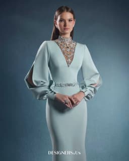 FATAPAESE Customized Engagement Dress Puff Open Sleeves and a V-shape Crystal High Neck Sheath Skirt Speicial Formal Occasion
