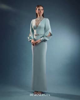 FATAPAESE Customized Engagement Dress Puff Open Sleeves and a V-shape Crystal High Neck Sheath Skirt Speicial Formal Occasion