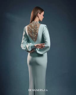 FATAPAESE Customized Engagement Dress Puff Open Sleeves and a V-shape Crystal High Neck Sheath Skirt Speicial Formal Occasion