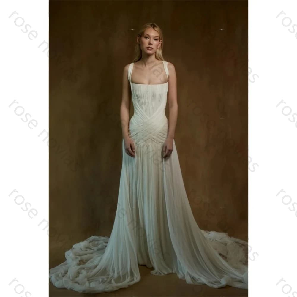 Customized White Square Collar Wedding Dresses Sleeveless Lace-Up Back High Quality Chiffon A-Line Court Train Evening Dress