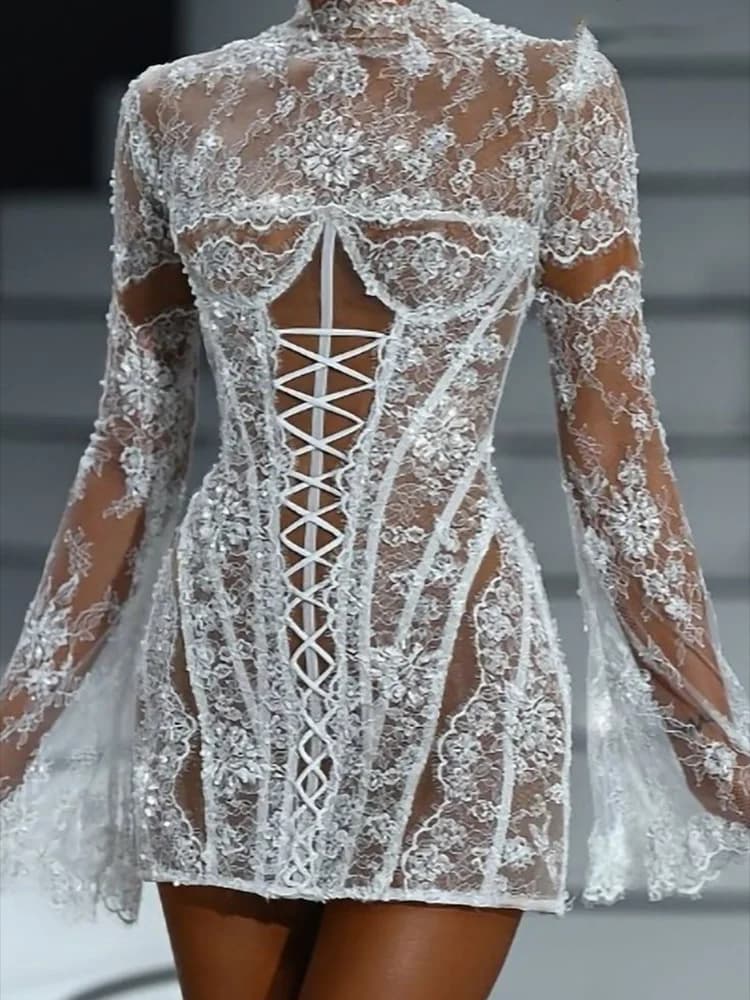 Sexy Lace High Collar Full Sleeve Corset Mini Bride Wedding Dresses Bridal Gowns Customized