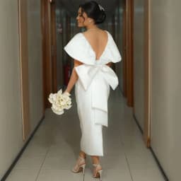 Scoop Neck Wedding Dress Bride Short Sleeve Straight Tea Length Satin with Bow Open Back Customized Bridal Civil Marriage Gowns