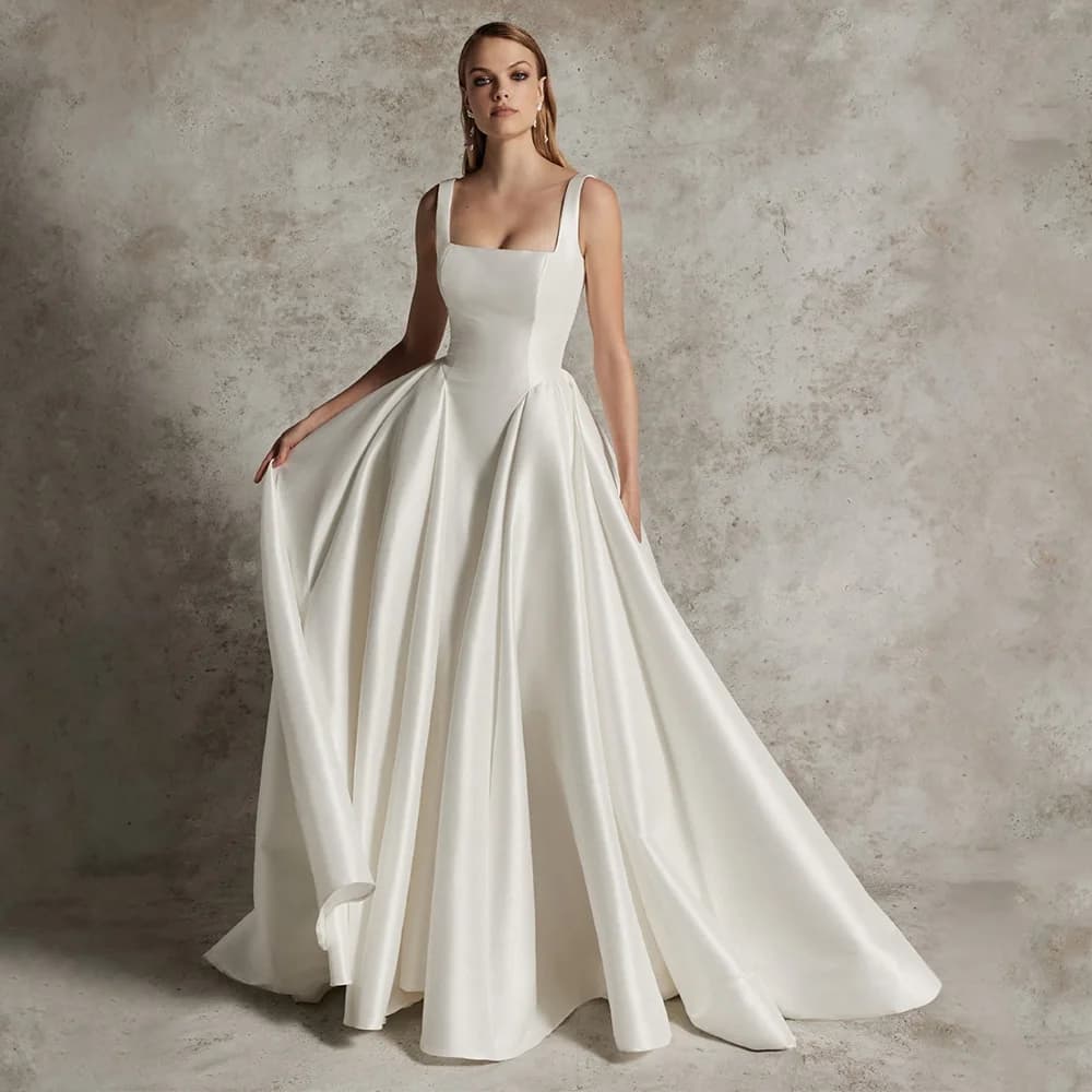 Customized Wedding Dresses Satin Square Collar A Line Backless Simple Wedding Gowns for Women Bride Button Modern Bridal Gown