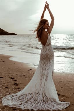 Customized Bohemian Lace Wedding Dress Deep V Neck Mermaid Gown Bridal Dress Sheer Panel Train Wedding Occasion Gown