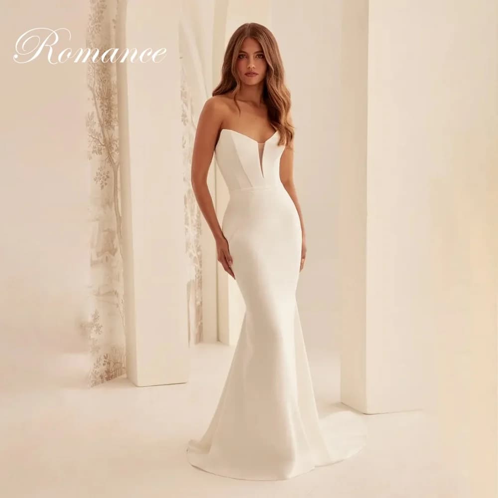 Simple V-Neck Mermaid Wedding Dress Women Sleeveless Open Back Buttons Floor-Length Court Train Vestidos De Novia Customized