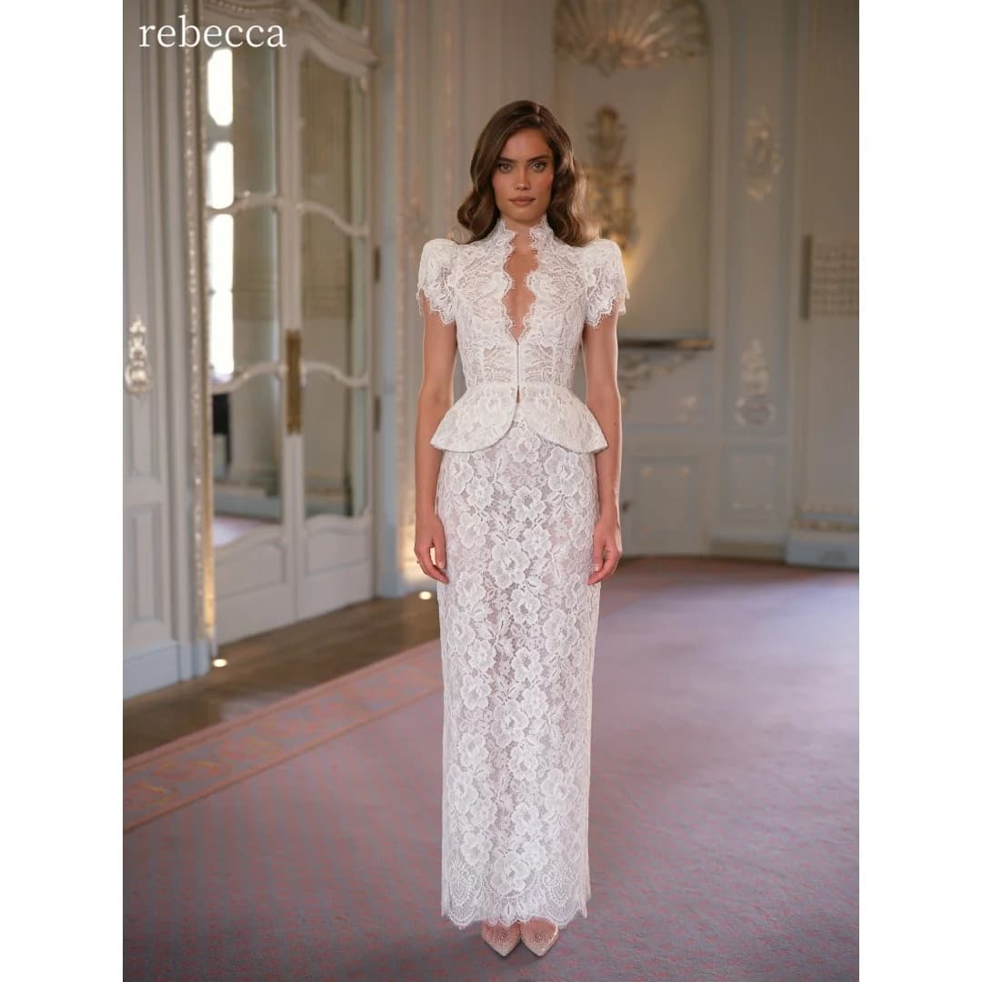 Rebecca Customized High Neck Puff Sleeve Prom Dress Straight floor-length scalloped lace hem vestidos de noche Evening Dresses