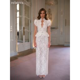 Rebecca Customized High Neck Puff Sleeve Prom Dress Straight floor-length scalloped lace hem vestidos de noche Evening Dresses