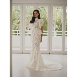 Rebecca Customized High Neck Short Sleeve Prom Dress Lace Mermaid High Waist vestidos de noche Romantic Evening Dresses 2026