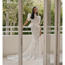Rebecca Customized High Neck Short Sleeve Prom Dress Lace Mermaid High Waist vestidos de noche Romantic Evening Dresses 2026