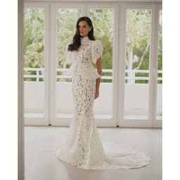 Rebecca Customized High Neck Short Sleeve Prom Dress Lace Mermaid High Waist vestidos de noche Romantic Evening Dresses 2026