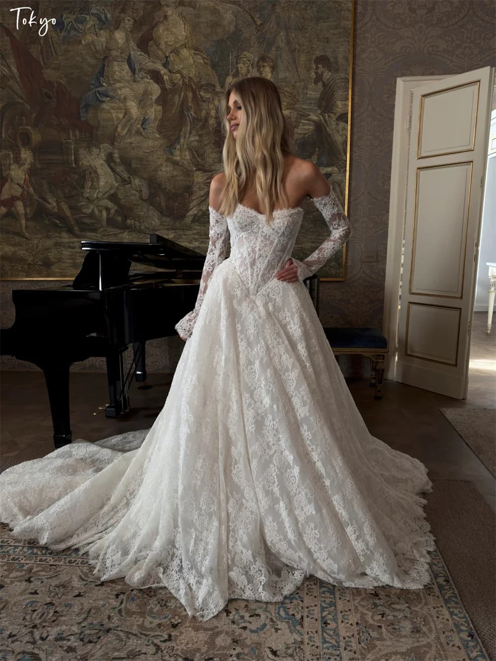 Tokyo Customized White Detachable Sleeves Wedding Dresses Off the Shoulder Lace Bridal Gown Elegant A-Line Wedding Gown 2026