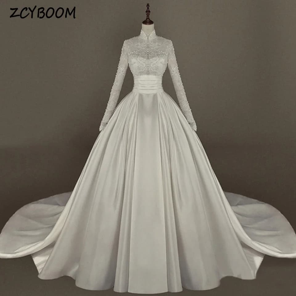 Customized Muslim Elegant High-Neck Appliques Long Sleeves White Wedding Dress 2026 Ball Gown Floor Length Sweep Bridal Gown