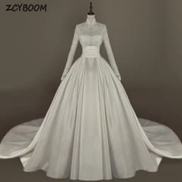 Customized Muslim Elegant High-Neck Appliques Long Sleeves White Wedding Dress 2026 Ball Gown Floor Length Sweep Bridal Gown