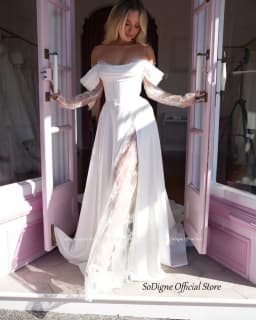 SoDigne A-line Wedding Dresses Off Shoulder Long Sleeve Satin/Lace Bridal Dress Elegant Bride Gown Vestidos De Novia Customized
