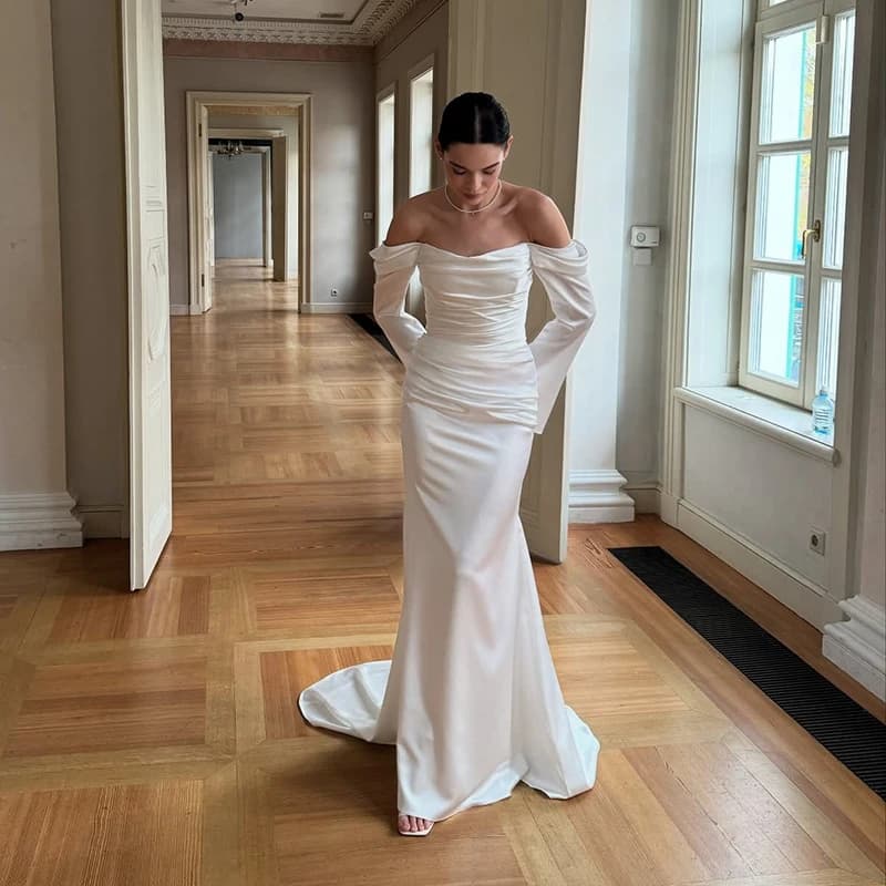 Eightree 2025 Mermaid Princess Wedding Dresses White Long Sleeve Satin Bridal Dress Women Wedding Ball Prom Gowns Customized