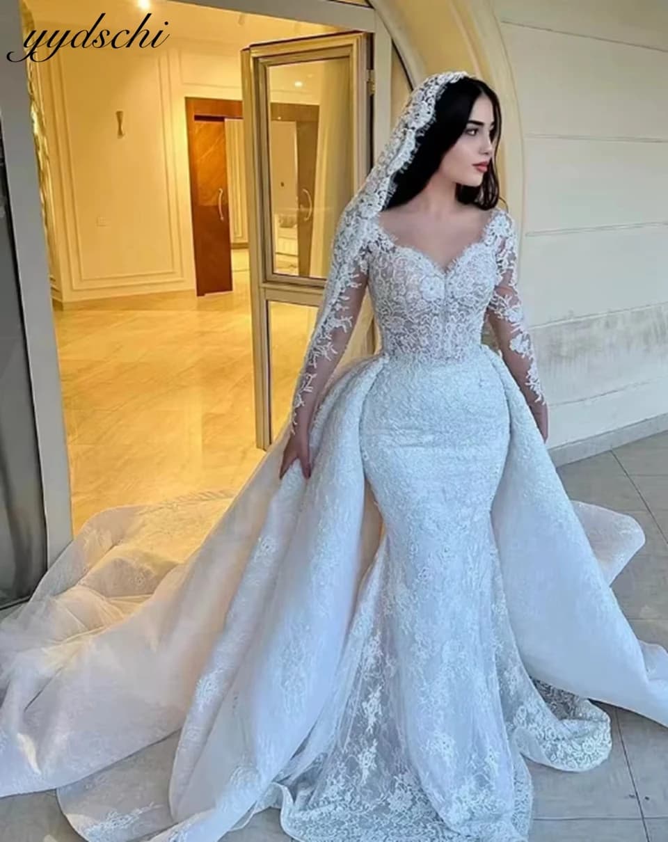 Customized Sexy Mermaid Wedding Dresses Lace Appliques Full Sleeves Sweetheart Detachable Train Bridal Gowns Vestidos De Novia