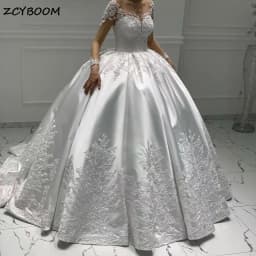 Customized Satin Ball Gown Long Sleeves Wedding Dress 2026 Princess Lace Appliques Pearl Beaded Bride Gown Vestido De Novia