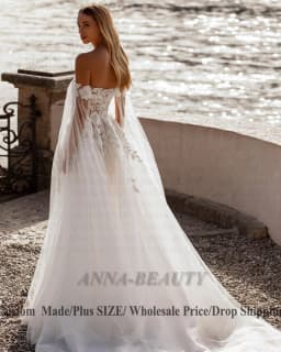 Anna Attractive Slit Wedding Dress Bridal with Cape Strapless Zipper A-line Tulle Pleats Beach Gowns Vestidos Customised