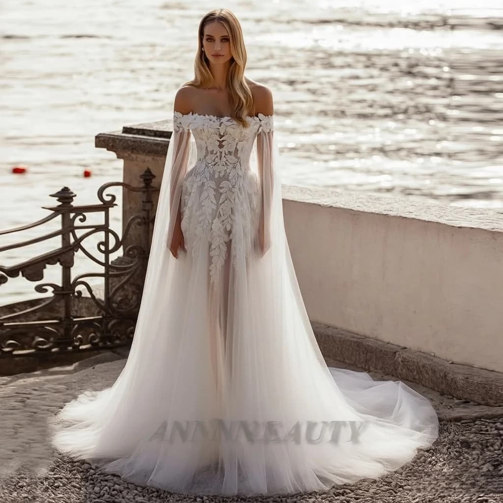 Anna Attractive Slit Wedding Dress Bridal with Cape Strapless Zipper A-line Tulle Pleats Beach Gowns Vestidos Customised