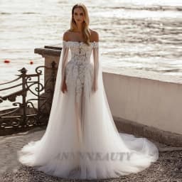 Anna Attractive Slit Wedding Dress Bridal with Cape Strapless Zipper A-line Tulle Pleats Beach Gowns Vestidos Customised