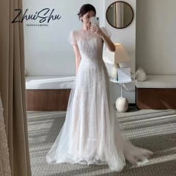 Charming Short Sleeves Wedding Party Dress Tulle A-Line Beads Korea Photo Shoot Bridal Reception Gown Customized 웨딩드레스