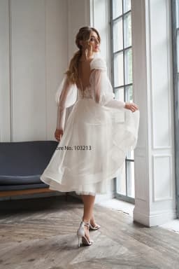 Sheer Illusio Off The Shoulder Lace Applique Tea Length Short Wedding Dresses With Detachable Puff Sleeves Button Back Robe De
