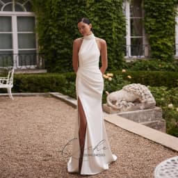 QICHE Elegant High Collar Pleat Mermaid Wedding Dress Women Sleeveless Open Back High Side Split Buttons Bridal Gown Customized