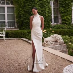 QICHE Elegant High Collar Pleat Mermaid Wedding Dress Women Sleeveless Open Back High Side Split Buttons Bridal Gown Customized