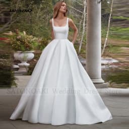 Customized Elegant Simple Square Collar Satin Wedding Dress for Women A-Line Backless Bride Gown with Pockets Vestidos De Novia