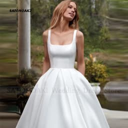 Customized Elegant Simple Square Collar Satin Wedding Dress for Women A-Line Backless Bride Gown with Pockets Vestidos De Novia
