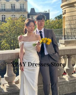XPAY Elegant Off Shoulder Wedding Receipt Dresses Korea Photo Shoot Silk Satin Floor Bridal Gowns Corset Back Simple Customized