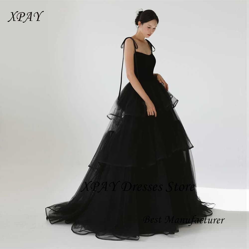 XPAY Princess Black Tiered Wedding Dresses Korea Photo shoot Spaghetti Straps Layered Evening Gowns Corset Back Customized