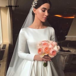 Customized Simple Vintage White Ivory Satin Wedding Dress for Women Long Sleeve A-Line Bridal Gown Vestidos De Novia Robe Mariée